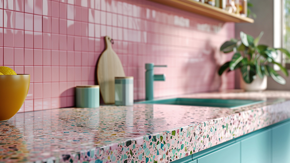 Vibrant kitchen featuring a beautifully restored terrazzo countertop, showcasing a glossy finish that highlights the quality of professional terrazzo restoration services.